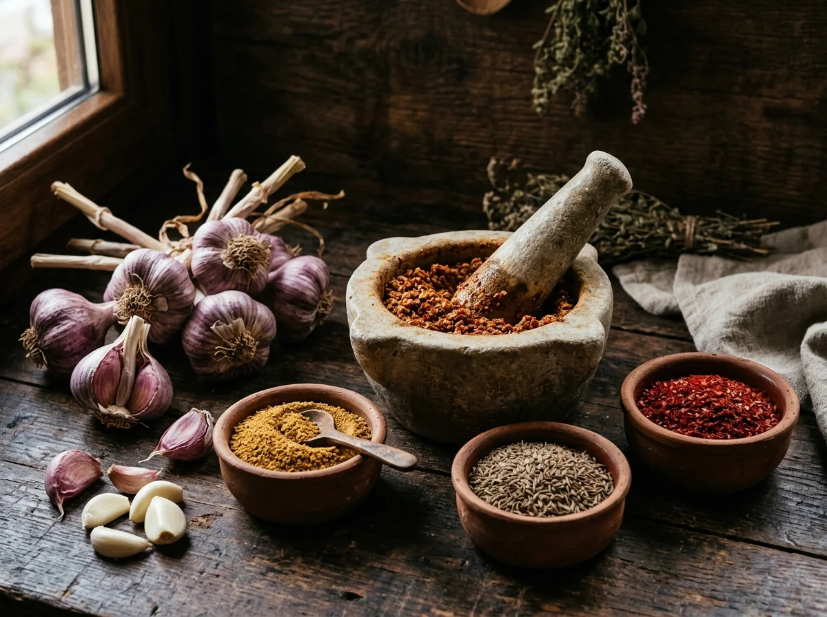 Taşköprü sarımsağı başları, havanda öğütülen çemen baharatları ve doğal pastırma çemeni malzemeleri
